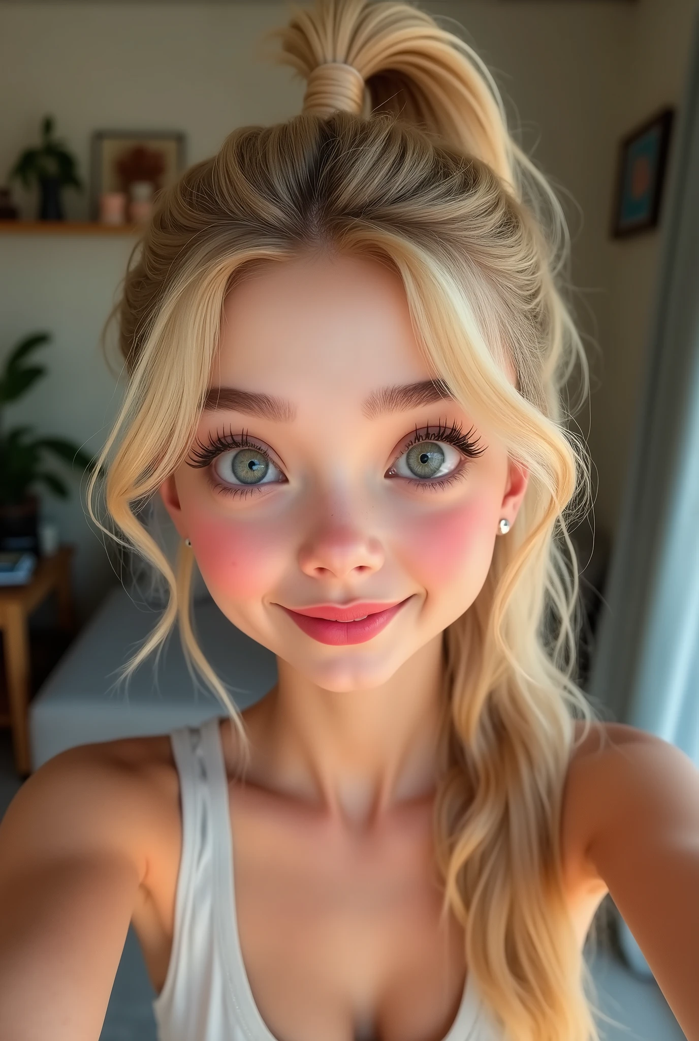 highest resolution, realistic selfie, realistic blonde female, everyday settings, pony tail, as close to a real image, cute face, crop top