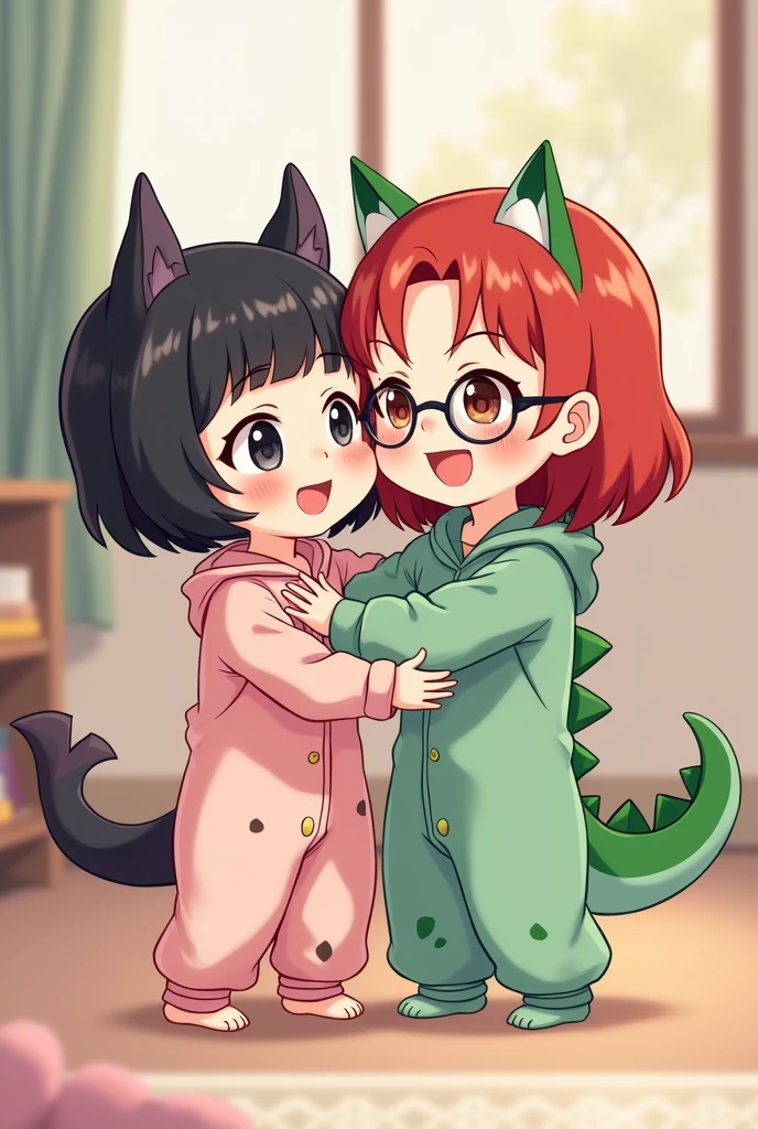 one girl has black short layered hair, thin almond eyes, wearing a cute bat pajama. the other girl has red shoulder length wolfcut hair, wearing black glasses, round almond eyes, brown eyes, wearing a cute green dinosaur pajama. hugging each other. make them like a chibi