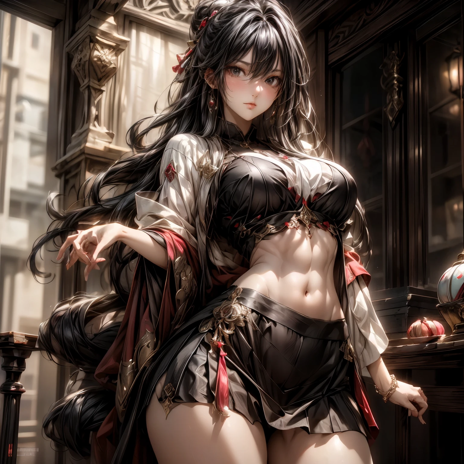 (best quality)), ((Masterpiece)), (details:1.4), 3d, HDR (high dynamic range), an image of a beautiful cyberpunk female, Cyberpunk, fantasy, black hair, Curtain Bangs, Hips up, Beautiful White eyes, จมูกโด่ง, ปากแดง, หน้าอกใหญ่, nvidia RTX, PBR surface, After processing, Anisotropic filtration,depth of field, Maximum clarity and clarity, multi-layered surface, Subsurface scattering, perfect proportions, 8K raw files, ultra detailed, Perfect proportions, volumetric lighting, soft lighting, Holy Paldin, Heavy Golden Armor, Red dress, intricate Silver embroidery, glossy skin, Bed room Background, jewely, ต่างหู, นิ้วมือสมบูรณ์, mini black skirt,