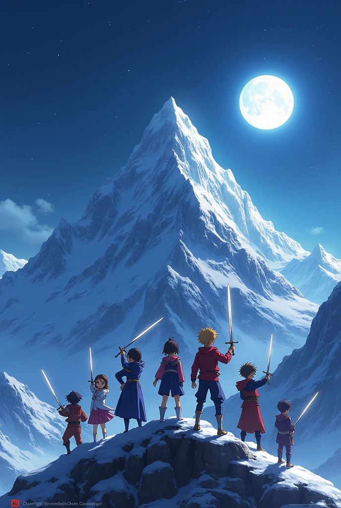 Anime of boys with sward in the top of mountain in night