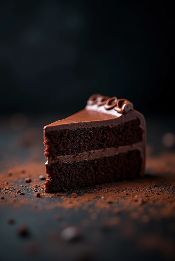 cinematic film still chocolate, chocolate cake, dark background, quality photo, moist texture, frosting, studio photo, slice . shallow depth of field, vignette, highly detailed, high budget, bokeh, cinemascope, moody, epic, gorgeous, film grain, grainy