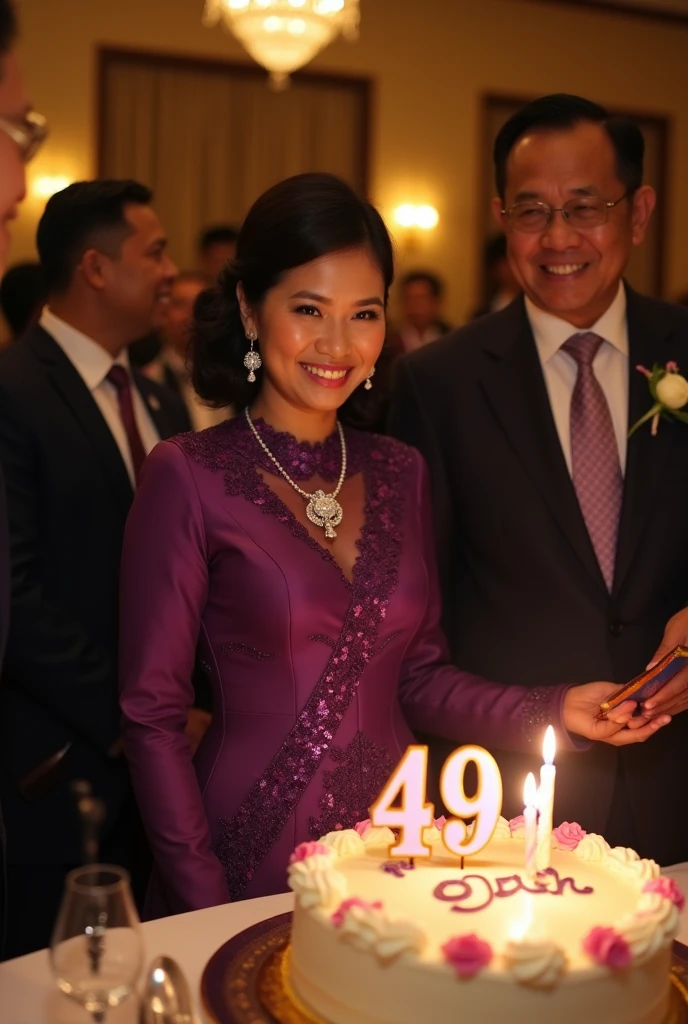 dinner celebrating the 49th birthday of an Indonesian woman,  attended by the President of Indonesia, Joko Widodo. In front of them was a birthday cake with the word 49 written on it with the number 49 candles..  There is writing "For Diah". They were both dressed in high class formals. The woman is wearing a purple high neck dress and wearing a diamond necklace with a cross on the end.. The woman&#39;s position is blowing out the candles.  President Joko Widodo gave a birthday present to the woman. Around them the guests shook hands. Super realistic photos. UHD image. Looking at camera