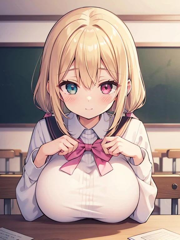 (Masterpiece, top quality, high quality, super detailed drawing, beautiful eyes, beautiful hair, expressive eyes, perfect face, perfect human body structure), stylish open cafe by the river,
Short twintails hair, blonde hair, super baby face, droopy eyes, heterochromia, pink eye, orange eye, very huge breasts, 145cm tall girl with boobs on cafe table, school winter uniform, long sweater sleeves and fingers sticking out only a little, humming, gentle smile, overhead view She is humming, gentle smile, overhead view, tits on table, riding tits