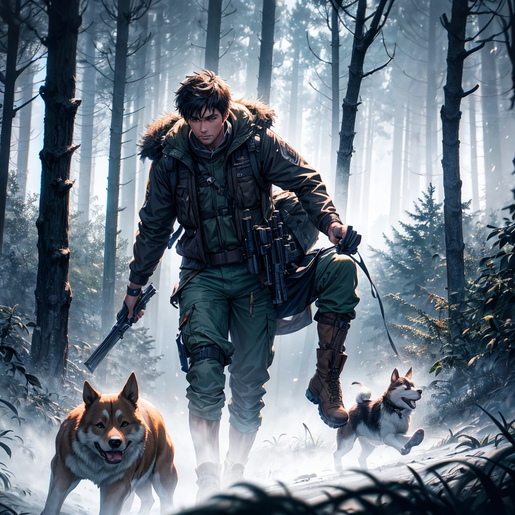 A hunter man with guns and use shot, man is run in forest, fog, night time, with a dog