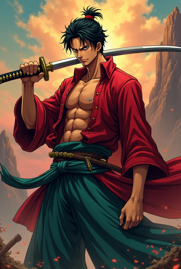 One piece original character, male, 20 years old, one piece art style,  katana, full body, burned right eye, martial arts