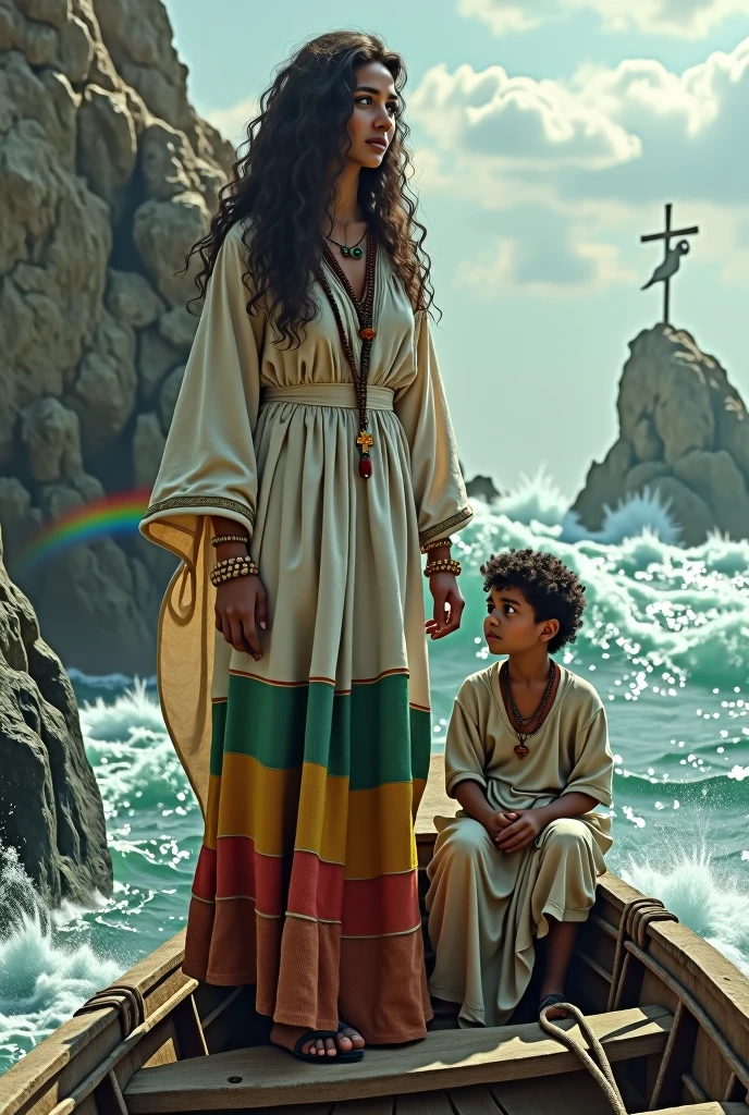 (photorealism:1.2), beautiful woman, standing on small ship on the red see with heavy storm, wearing an Ethiopian traditional woolen white dress, slightly dirty, having a strip of green, yellow and red colors at the bottom and top,long curly hair, outdoor , natural lighting, rocks in background, rain bow and an Angeles shown from far with tall cross, she and her son has cross necklace,
her son sitting next to her fearful, by Greg Rutkowski, by Alphonse Mucha