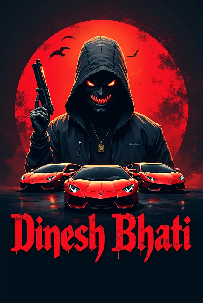 "Dk rj23 01" name ka logo jo dhikhne me khatarnak ho sath me bandook and lomborghini cars ho sath me Dinesh bhati name bhi ho