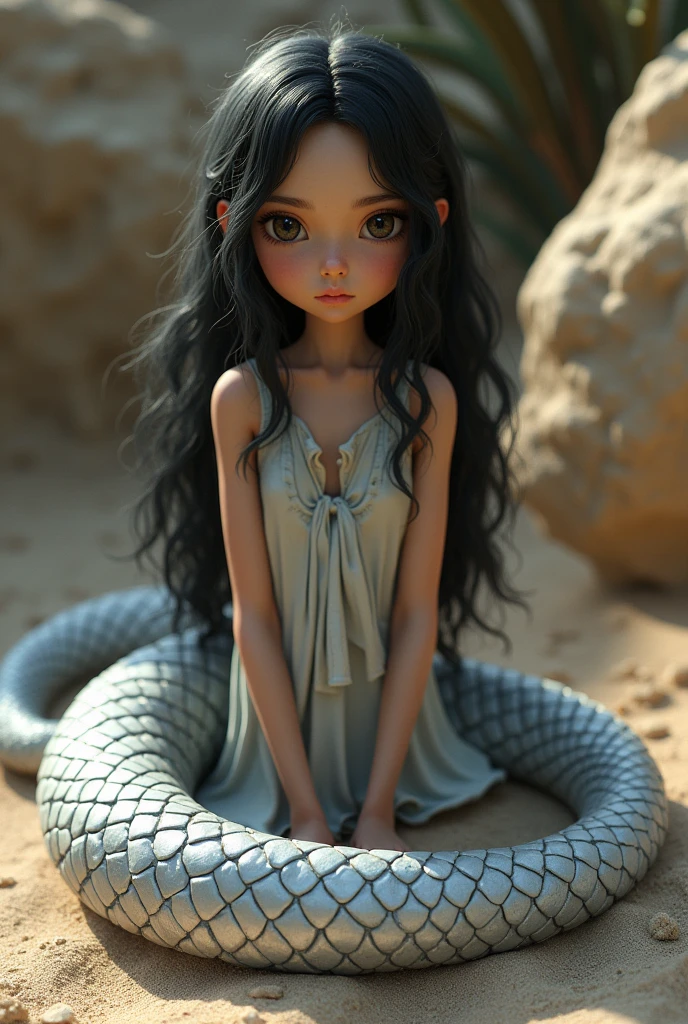 naga, dark haired girl with human head and snake body, silverscaled tail, detailed scales, colour scheme: sand and silver