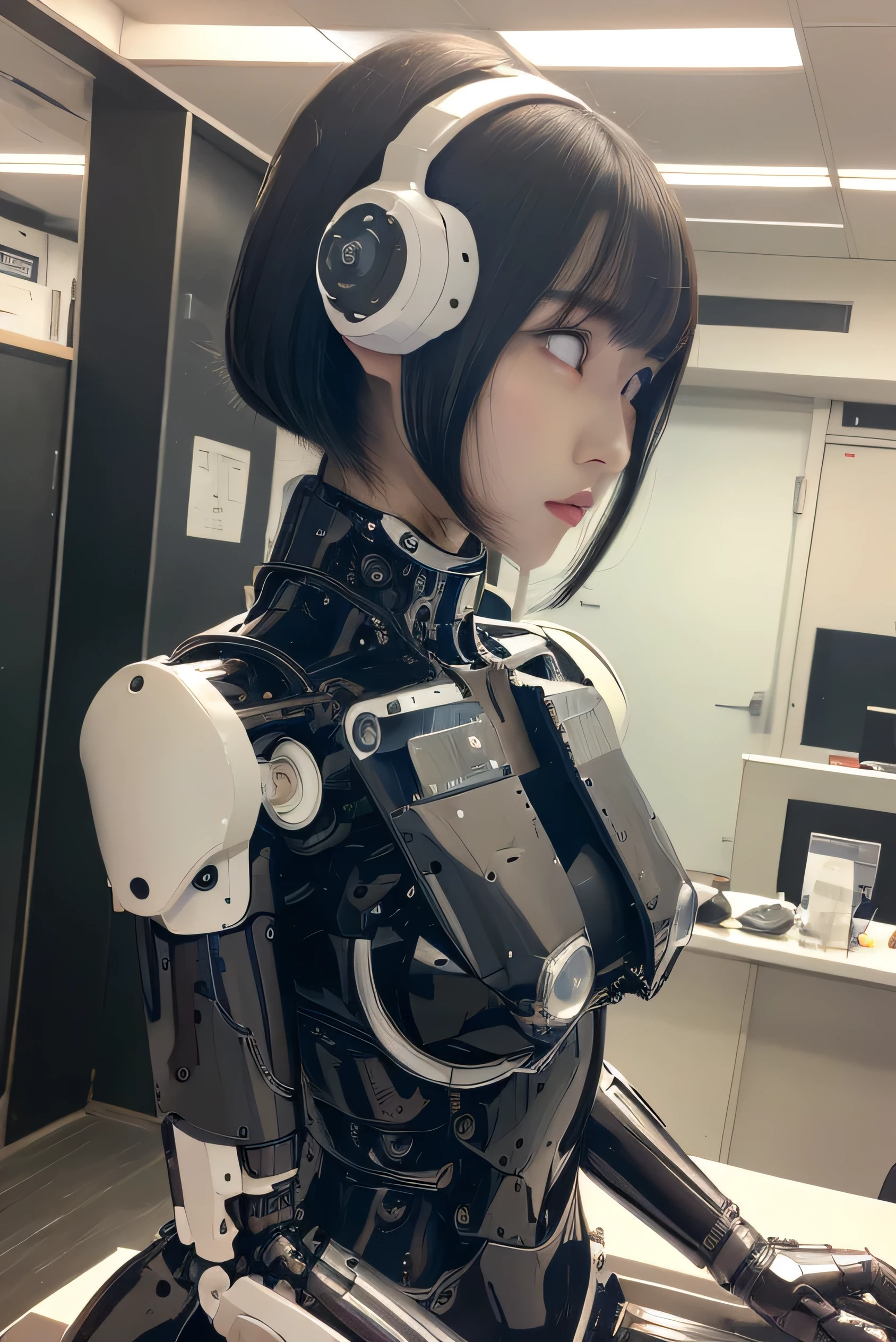 masterpiece, best quality, extremely detailed,  Japaese android girl,Plump , control panels,android,Droid,Mechanical Hand, Robot arms and legs, Black Robot Parts,Black hair,Mechanical body,Blunt bangs,White robotics parts,perfect robot girl,future information counter,reception,long tube,thick cable connected her neck,ceramic body ,mechanical body,mechanical costume,android,robot,humanoid,cyborg,information office,japanese android receptionist ,mechanical chest,white eyes,office-lady