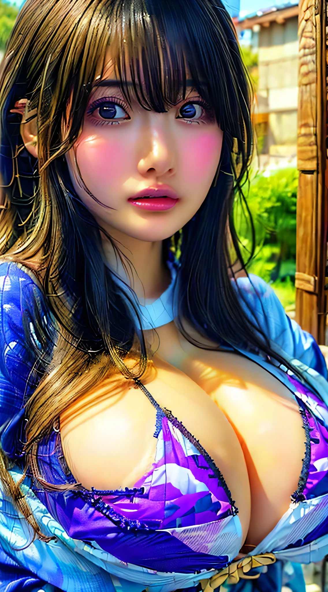 (logo、masterpiece、8k、Tabletop、RAW Photos、wonderful、最high quality、Photorealistic and very detailed CG composite 8K wallpaper、high quality、Very detailed、Narrative poem、Particle Effects、Dynamic Effects、Depth of the Boundary、Cinematic Light、Lens flare、Ray Tracing）、 (A beautiful woman wearing a yukata、White yukata、light purple pattern)、Black-haired、High resolution skin、Very fine、Fine skin、Beautiful Face、True Face、Beautiful details in the eyes、Realistic eyes、Beautiful and detailed eyes、Realistic Skin、Beautiful Skin、surreal、Smiling Eyes、Hair and Light eyes、vivid、Colorful Lights and bokeh、plump lower lip、Pink Lips、Hair flutters in wind、Hair bounces、wonderful view、night、evening、wind、moonLight、moonLight、Light、((Very huge face bigger breasts:1.65))