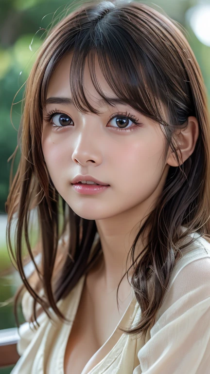 (8k, Photorealistic, RAW Photos, Best image quality: 1.4), Japanese schoolgirl、Super detailed face、Eye on the details、double eyelid、Sharp focus:1.2、Beautiful woman:1.4、Light brown hair、Highest quality、masterpiece、Ultra-high resolution、(Photorealistic:1.4)、Highly detailed and professionally lit smiles、(camisole:1.5)、blush、Watery eye、amount、erect nipples、slouch、Cleavage、Small breasts、Messy Hair、amount