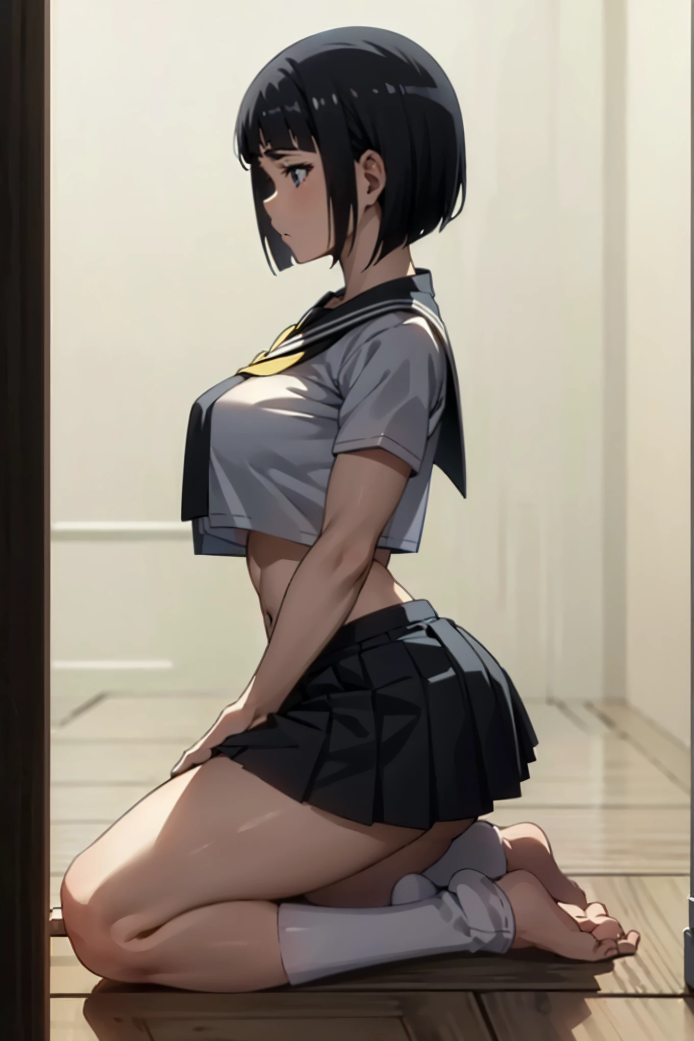 4K,master piece,anime,1 female,Suguha Kirigaya,((black short hair,short sleeved white sailor suit,croptop,sagging lowrise micro pleated skirt)),lean body,big breasts