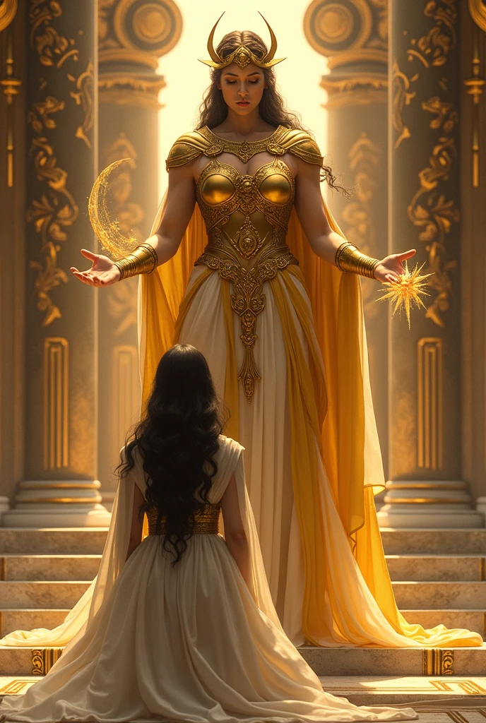 Athena godess of wisdome wearing gold curse using magic before the Beautiful priestress of temple of olympus wearing white long gawn beautiful blak hair kneeling