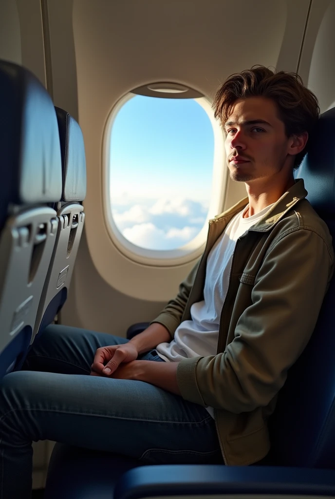 A young man sitting in window seat in airplane closeup picture in casual clothes