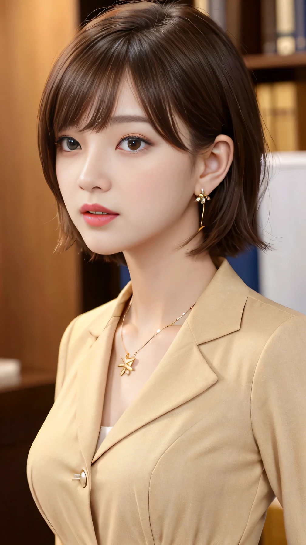 High resolution, Very detailed, Intricate details, 、ear piercing、Expressionless、short hair、Light brown hair、Please open your mouth a little、Clear beauty,(High quality fabric, Office Lady Suits 、Necklace around the neck、, The background is the office