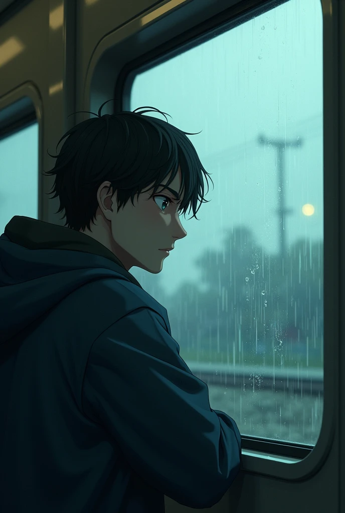 a man inside a train looking at the window, sad, rain, noon, reflection, anime