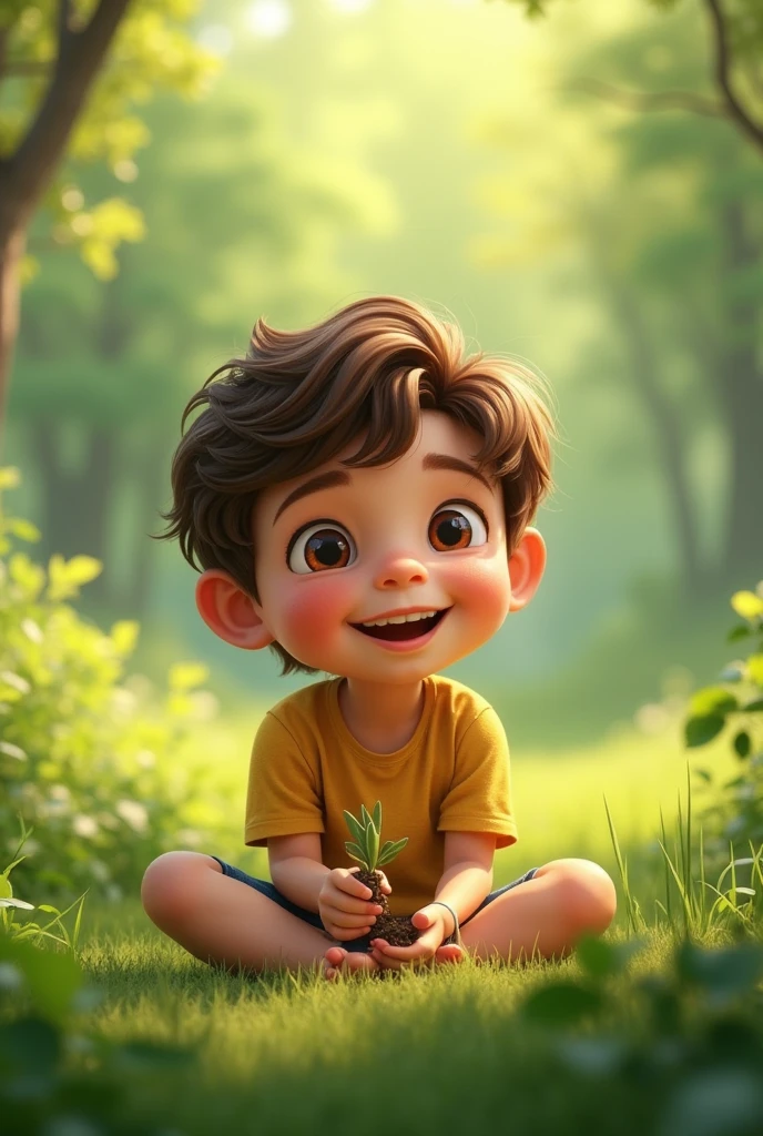 A boy happy smile something in the sit in nature