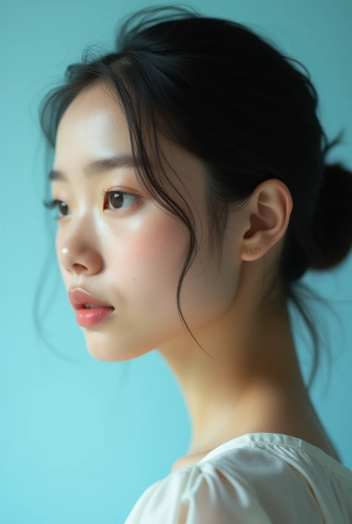 Highest quality,masterpiece,Ultra-high resolution,(Realistic:1.4),One Girl, In the Studio, Pastel blue background,profile,Look to the side, Ultra-realistic 、Precision Photography、Photo quality、RAW quality、