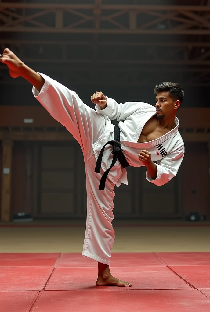 Young man doing kick on kumita mat thats have very muscular muscels vaibhav printed on her karate uniform