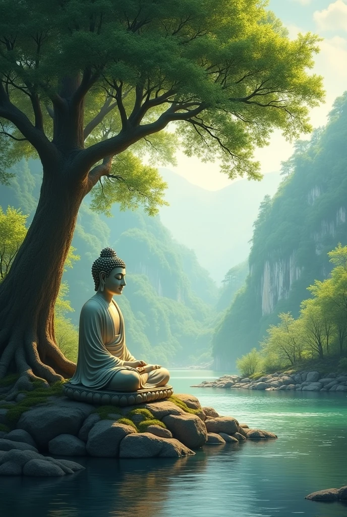 buddha seat under trees next to the river