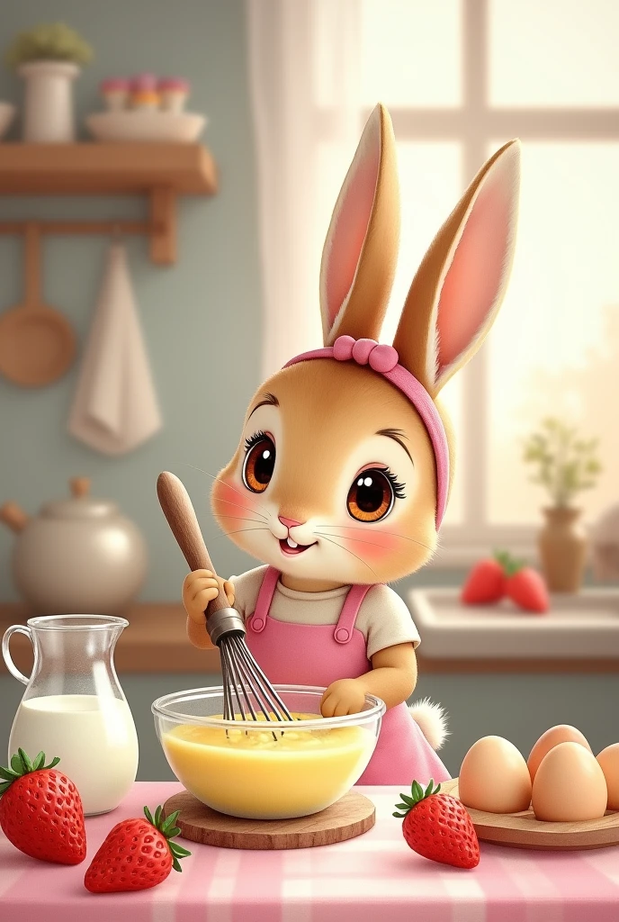 light brown bunny, female, big brown eyes, eye lashes, wearing pink apron, whisking yellow batter, simple kitchen bokeh background, baking, peter rabbit style, watercolor, wearing pink headband, sweet bunny face, pink cheeks, eggs on the table, flour jar on the table, milk on the table, bunny ears up, happy face, smile, ears fully visible, eyes looking at the cake batter, strawberries on the table, make the scene wide