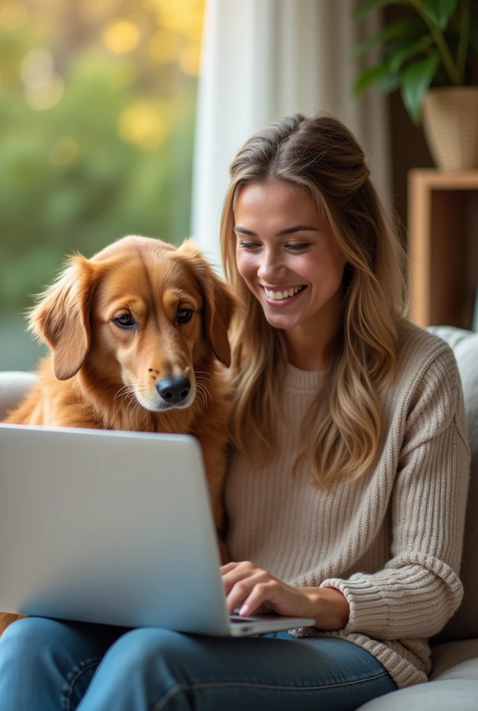 A pet dog lover and her pet watching her pet store website on laptop. the pet store link is https://store2314.storegro.net/, show this in store display. clear day time image
