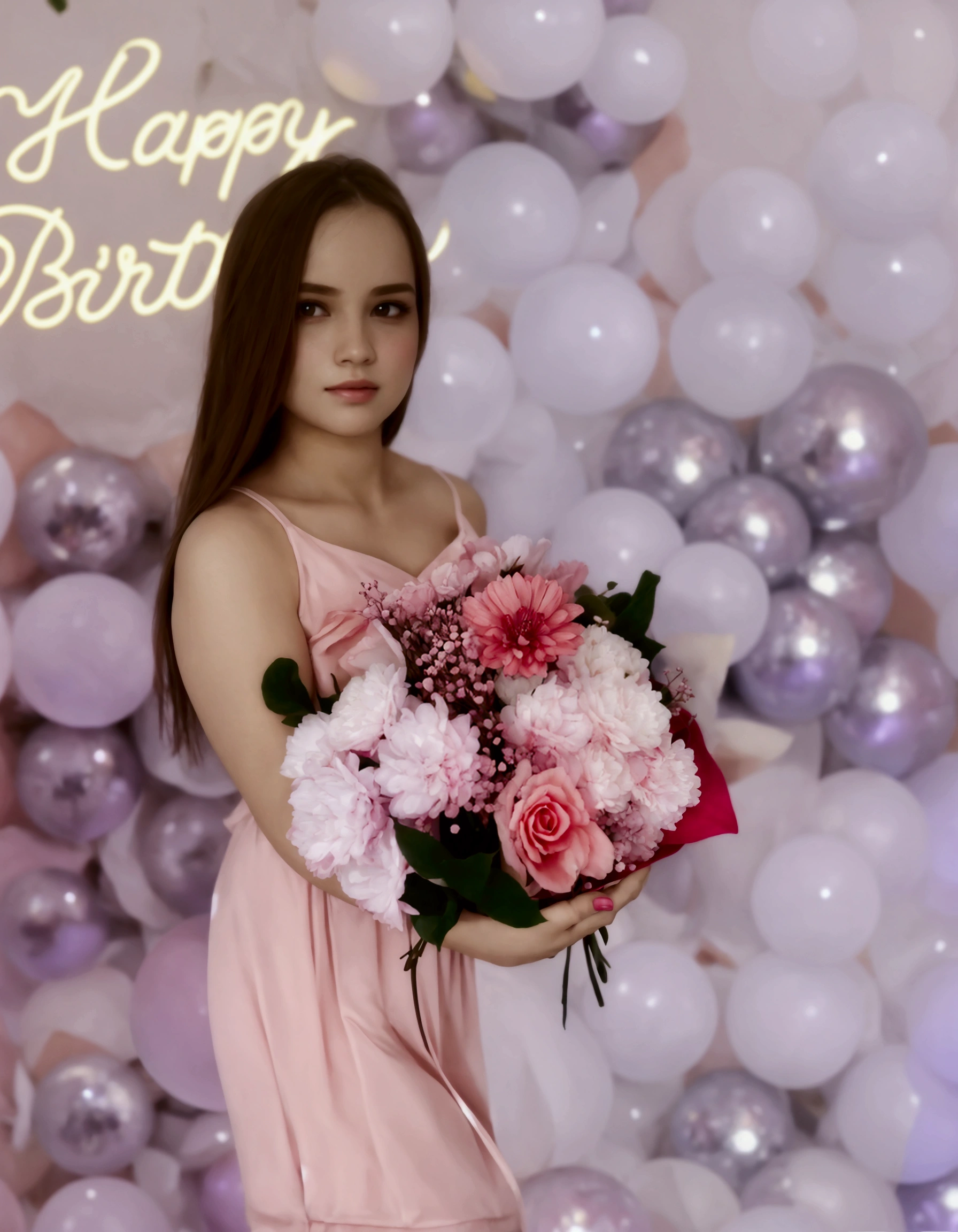 Beautiful girl with flowers, birthday, Beautiful girl in dress, balls in the background 