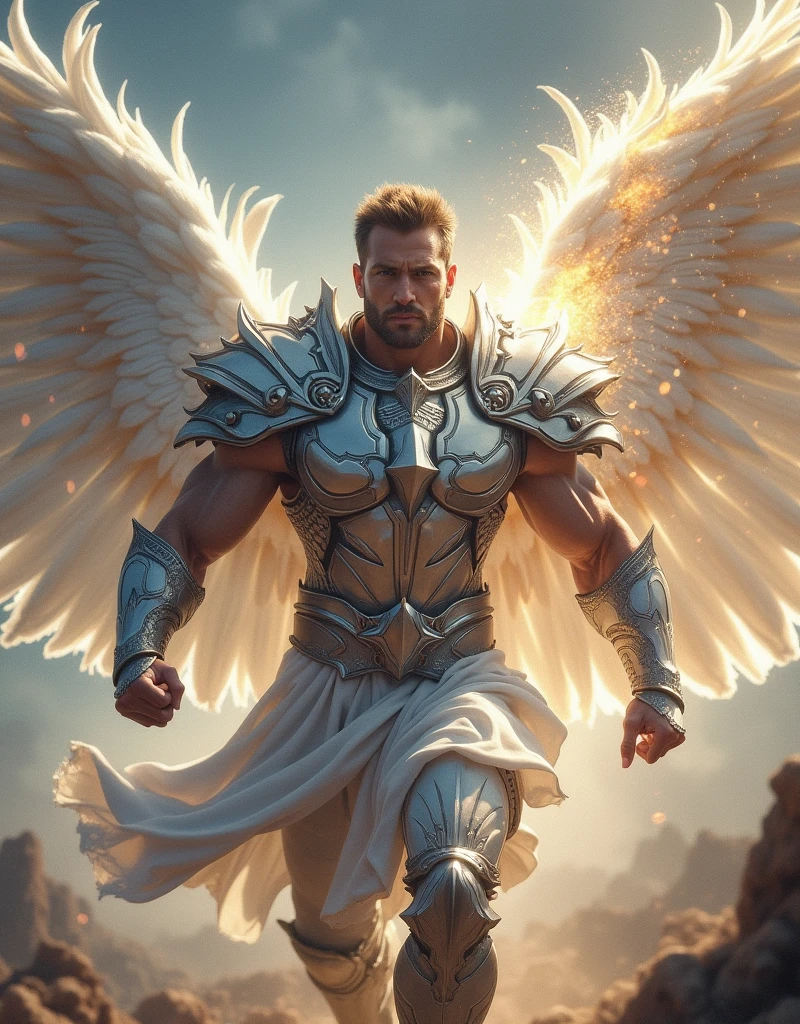 A warrior man, masculine body. wearing Pegasus' silver delicate armor, Burst out with amazing power, At the same time, Shoot forward the Pegasids meteor cluster at the speed of light,The scene is impressive, male, handsome man, diamond face, muscle body, full body