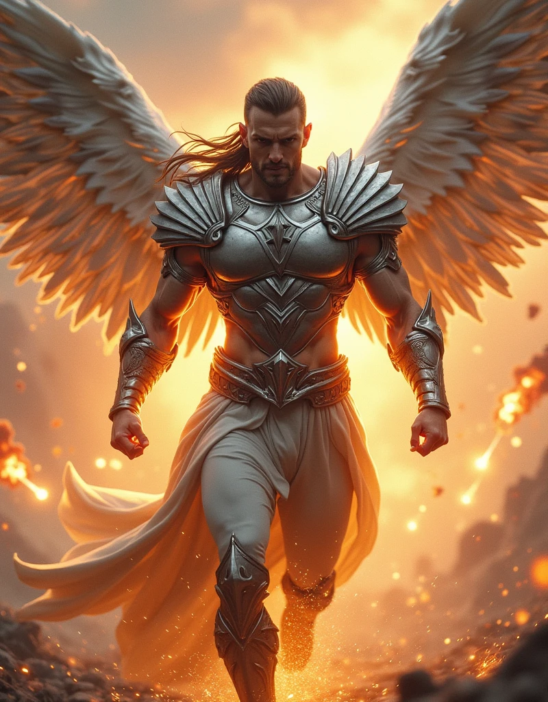 A warrior man, masculine body. wearing Pegasus' silver delicate armor, Burst out with amazing power, At the same time, Shoot forward the Pegasids meteor cluster at the speed of light，The scene is impressive, male, handsome man, diamond face, muscle body, full body