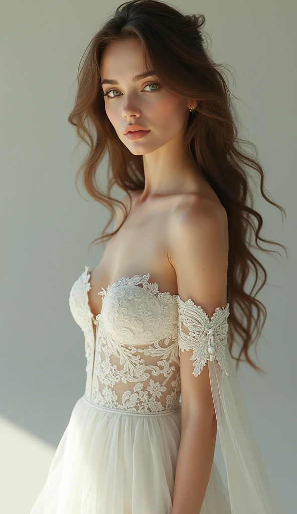 (photorealism:1.2), (full body shot) Beautiful, stunning, gorgeous, stunning woman, brown hair, green eyes, slender legs, soft features, muse, goddess, realistic skin, extremely detailed full body shot of a strikingly stunning woman, wedding dress, high heels