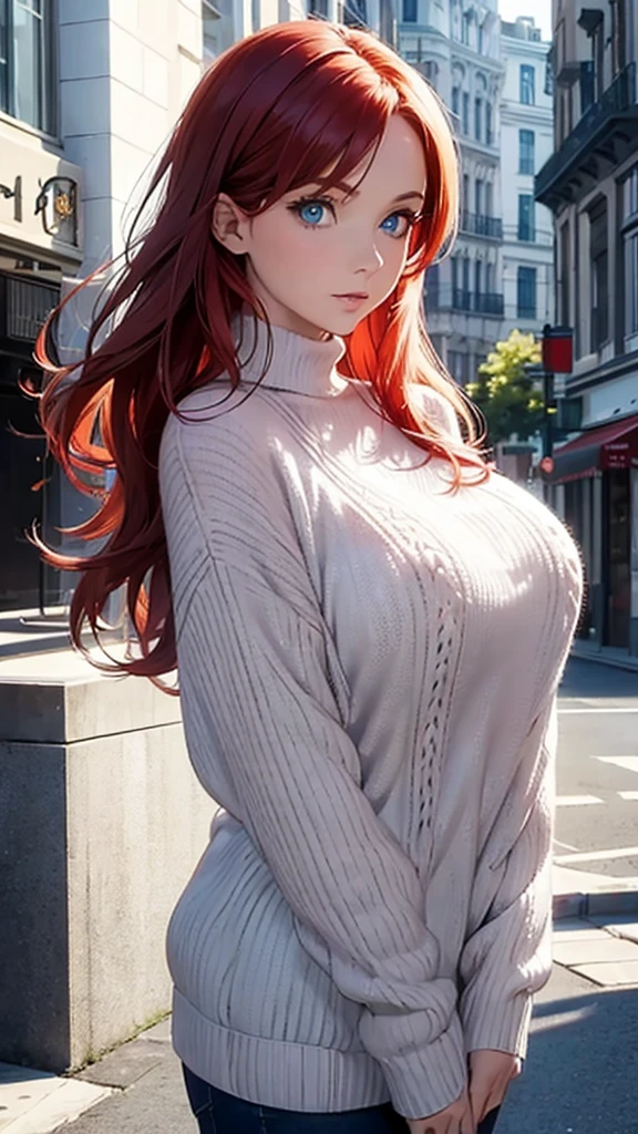 woman, Big Breasts, Redhead, blue eyes, Transparent sweater, Small chin