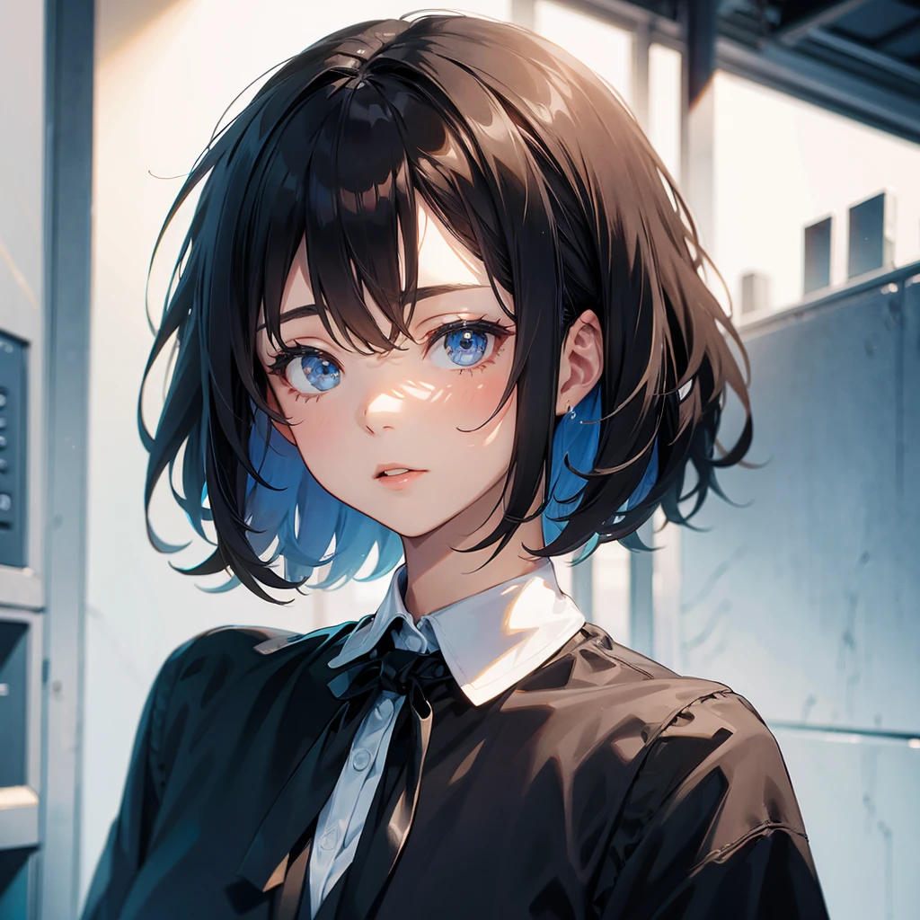 (head of'artwork, best quality, ultra haute résolution),1 fille, promote, dark brown skin, blue eye, blond hair, tetas grandes, thick thighs, Himekat, crop top, skirt, beautiful and detailed face, delicate eyes, detailed nose, Cyberpunk city at night with fog and neon lights
