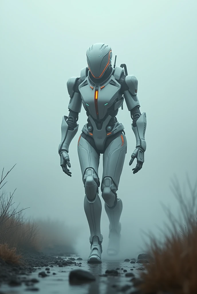 Cyber robot moving through the fog