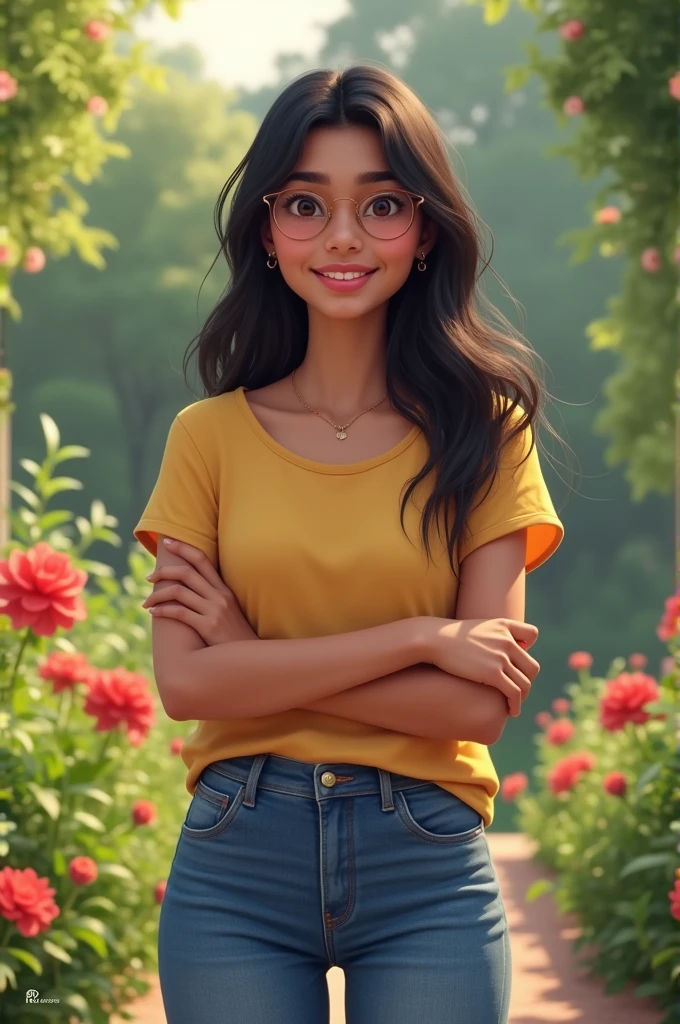 A indian college girl , 2 , with wear top and jeans , backgrounds in garden