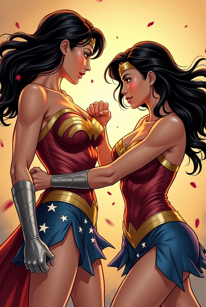 Now create for me a fight scene between Wonder Woman and Super Girl where they are injured by the course of the fight and with their uniforms torn, Super Girl has her top torn showing part of her breasts preparing to punch Wonder Woman who in turn is already without her top with her breasts showing with a movement. I want the scene detailed and that it follows the text for over 18s.