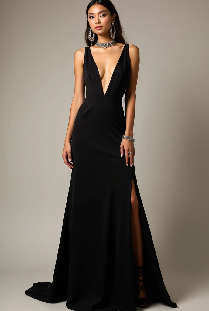 Black dress with v nack and slit and earrings prom glam look 