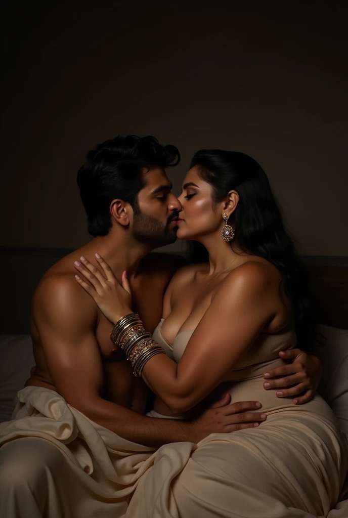 photo of Voluptuous Mature Indian Aunty with dusky skin, wearing tight Sky blue Kurti and White stole around her throat, showing her large U cut Cleavage, Hair Tied behind,Sitting on bed turning her head and Kissing a Slim Young boy, Dim Night light in the room, Rain pouring outside the window.