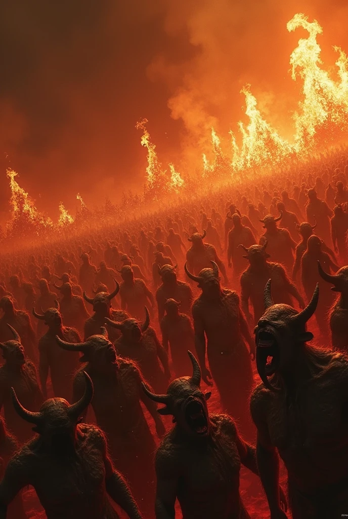 A tragic image of hell where thousands of hell man are burning badly in full of fire v. And this image is spreading fear 