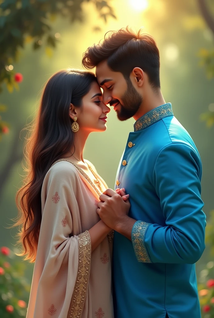 A girl holding her boyfriends hand boyfriend is wearing kurta of blue color