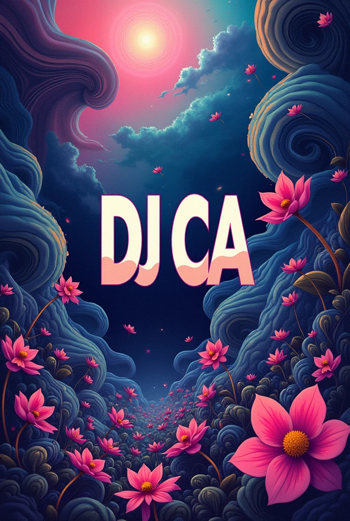 Dance music album cover with psychedelic image of shadows and flowers With the name Dj CA highlighted in the middle of the cover