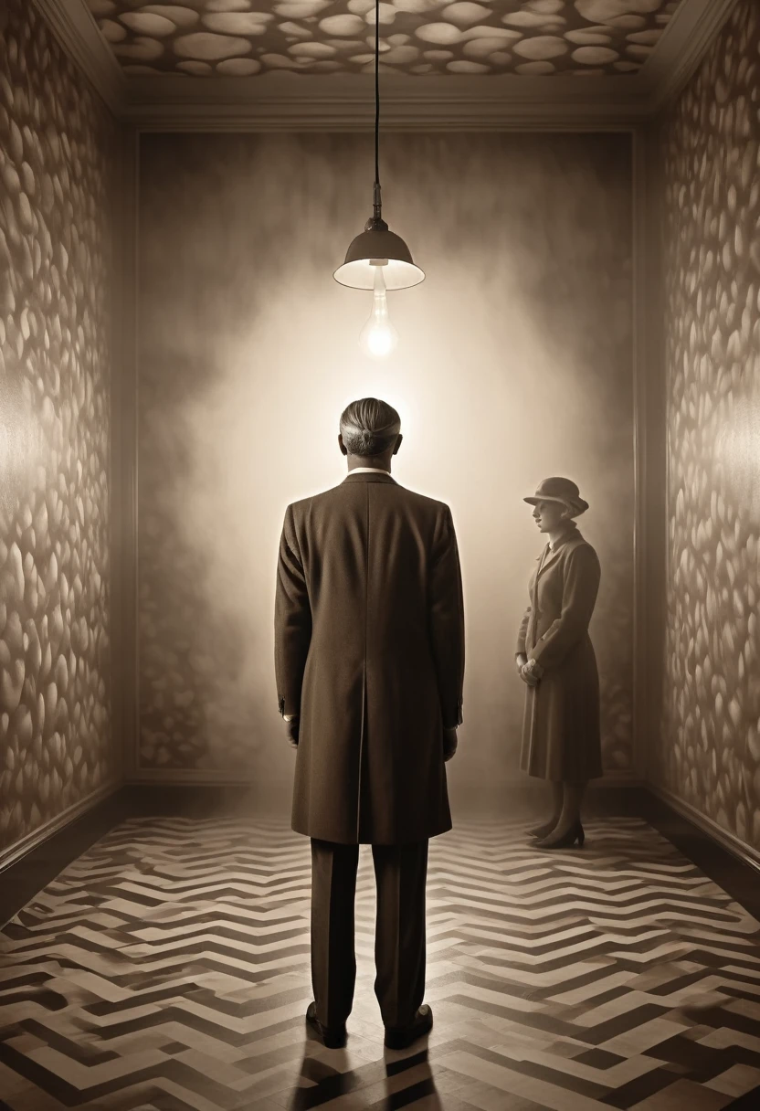 a surreal portrait of a man with an unknown female figure standing behind him, in the style of Rene Magritte, retro aesthetic, sepia-toned, suspenseful, dense fog, (best quality,4k,8k,highres,masterpiece:1.2),ultra-detailed,(realistic,photorealistic,photo-realistic:1.37),intricate details,dramatic lighting,cinematic composition,mysterious,dreamlike,thought-provoking
