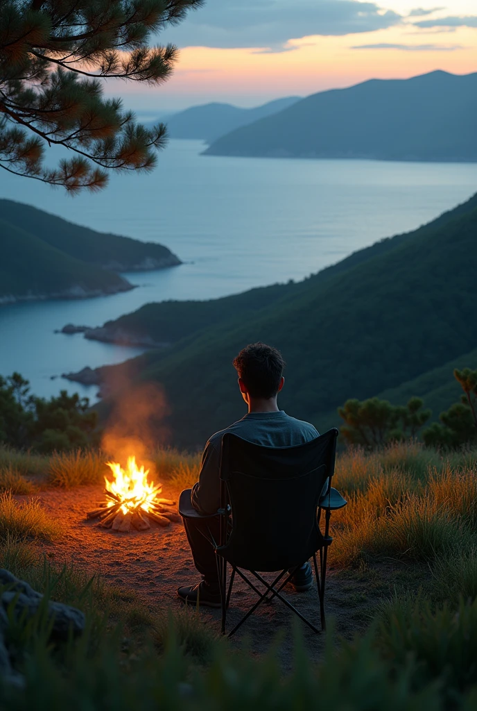 Photorealism 1.4 realistic realism high detailed definition campsite at hills facing ocean man sitting on the chair dusk mode campfire