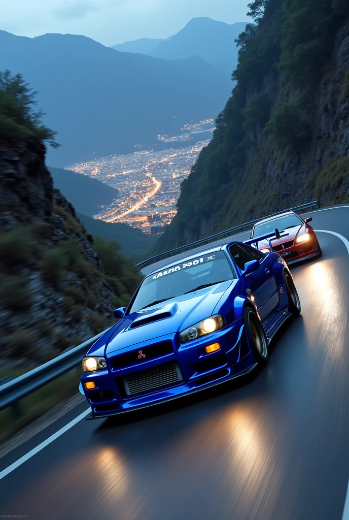 Nissan gtr r34 bleu kit large et une mitsubishi lancer evolution 9 tuning font la course sur une route de montagne sinueuse, ville en contre bas, nuit, Lignes de Vitesse, Résolution Haute, Récompensé plusieurs fois, Œuvre d'art, De Côté,