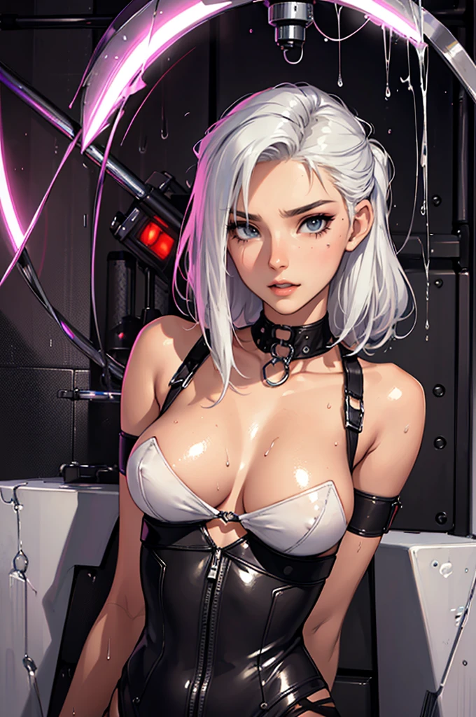 (lifelike, high - resolution:1.3), 1 girl with a perfect body,slender body, Super fine face and eyes,assasin, dark makeup, shiny skin,white hair, (girl caught in a sex machine),Expose cleavage, (sex machine, restrained, bound, bdsm, object insertion, smachine) (wet skin, shiny skin)