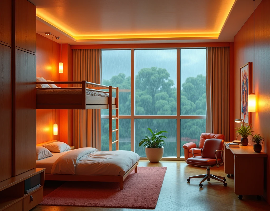 There is a bed and a staircase in the room, A Surrealist Inspired by Dennis Miller Bunker,  Designed for comfort and aesthetics!, In a cozy apartment, Comfortable room, Comfortable place, Features bunk beds, There is a bed and a staircase in the room, Designed for comfort and aesthetics!, In a cozy apartment, Comfortable room, Comfortable place, Features bunk beds, Retro-futuristic apartment, Floor-to-ceiling windows，Heavy rain outside the window，小而舒适的学生bedroom, 小bedroom, 在bedroom里, Luxury Apartment, bedroom, 