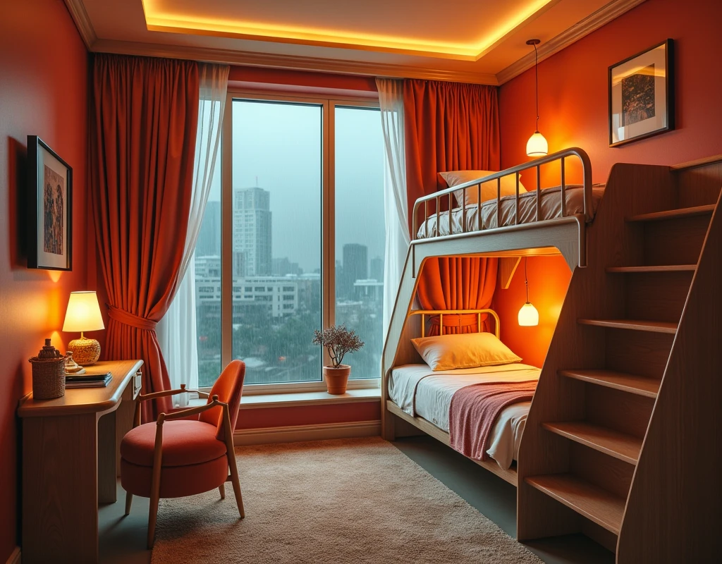 There is a bed and a staircase in the room, A Surrealist Inspired by Dennis Miller Bunker, Designed for comfort and aesthetics!, In a cozy apartment, Comfortable room, Comfortable place, Features bunk beds, There is a bed and a staircase in the room, Designed for comfort and aesthetics!, In a cozy apartment, Comfortable room, Comfortable place, Features bunk beds, Retro-futuristic apartment, Floor-to-ceiling windows,Heavy rain outside the window,小而舒适的学生bedroom, 小bedroom, 在bedroom里, Luxury Apartment, bedroom,