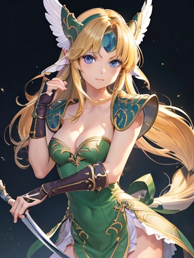 (masterpiece, best quality:1.2), cowboy shot, solo, 1girl, riesz, closed mouth, looking at viewer, hand on own face, low-tied long hair, winged helmet, dress, armor, shoulder armor, bridal gauntlets, cleavage,holding weapon,cowboy shot,attacked