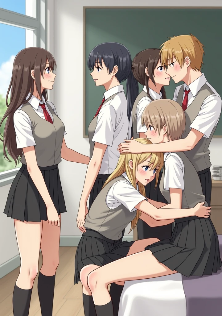 Detailed, high definition, masterpiece,1 boy., boy caressing girl's body, sex scene boy and girl, boy is grab butt from behind, (boy,naked, black hair),nipple pinch from behind, 1girl, bangs, (girl,naked long blond hair), scared expression, long blond hair, clenching teeth, rough breath, rape,side view, brown eyes, look at viewers, red ribbon, ((naked))small breast, classroom, indoors, masterpiece, perfect anatomy, cowboyshot, doggy style pose