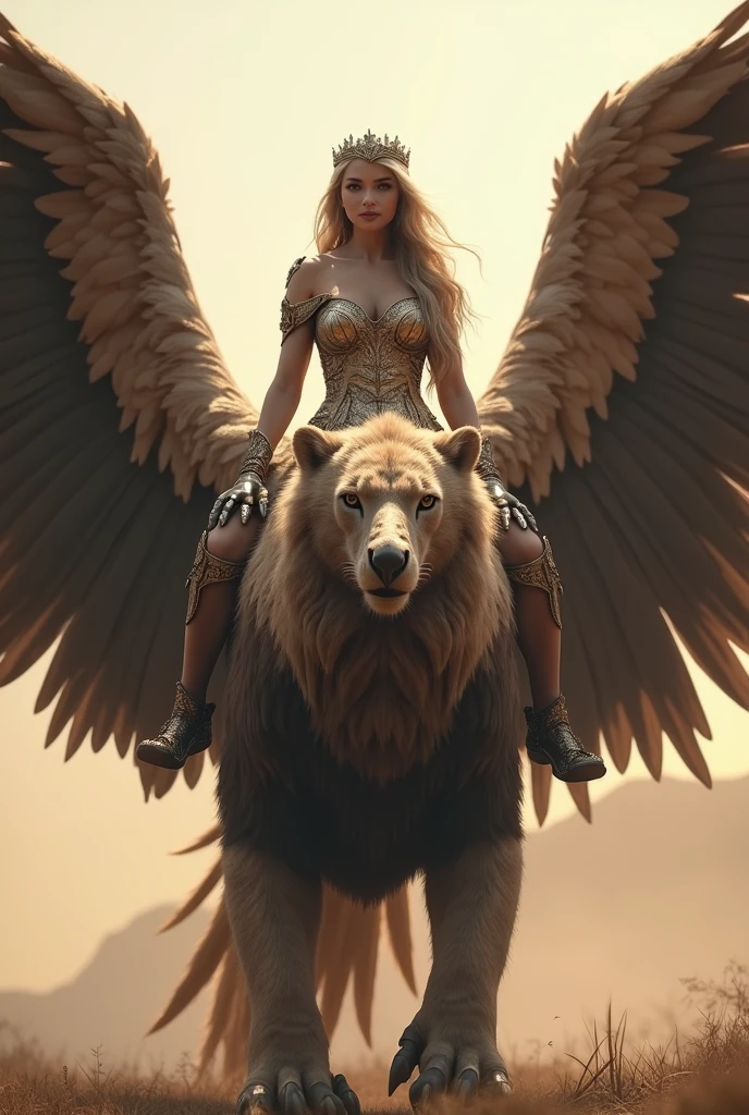 A griffin with its wings spread, the wings and upper body of an eagle, the body of a lion, a sharp beak, a beautiful and powerful figure, and a princess wearing armor on its back, ((masterpiece, Highest quality, Best image quality, High resolution, Realistic, RAW Photos, 8k)), ((Highly detailed CG synthesis 8k wallpaper)), (Huge and stunning goddess shot, Very hot and sexy, Incredible beauty, Perfect Proportions, Beautiful body, Slim body beauty:1.4), front view,