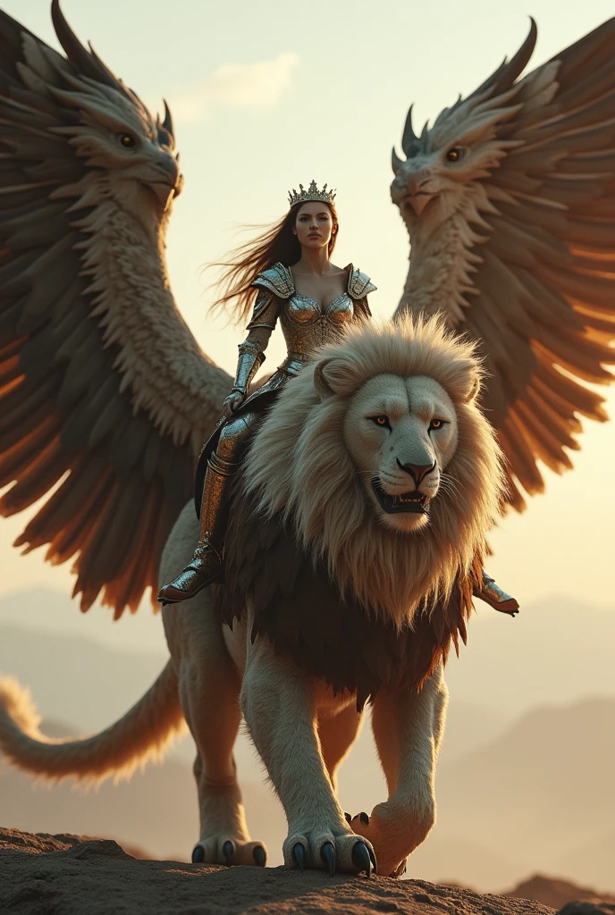 A griffin with its wings spread, the wings and upper body of an eagle, the body of a lion, a sharp beak, a beautiful and powerful figure, and a princess wearing armor on its back, ((masterpiece, Highest quality, Best image quality, High resolution, Realistic, RAW Photos, 8k)), ((Highly detailed CG synthesis 8k wallpaper)), (Huge and stunning goddess shot, Very hot and sexy, Incredible beauty, Perfect Proportions, Beautiful body, Slim body beauty:1.4), front view,